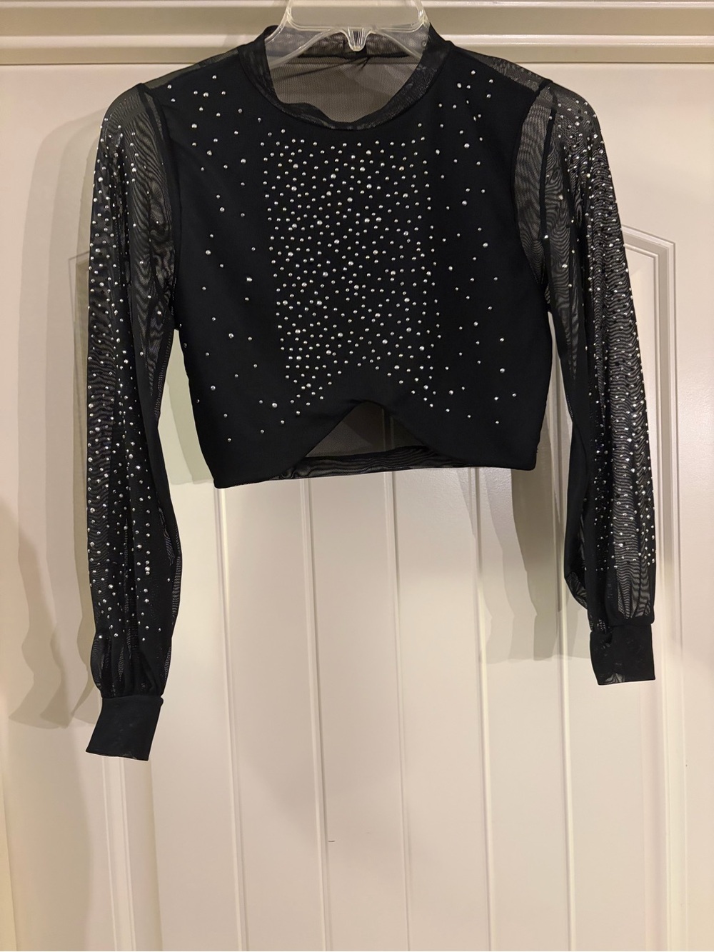 Black Mesh Long-Sleeve Crop Top with Rhinestone Detail